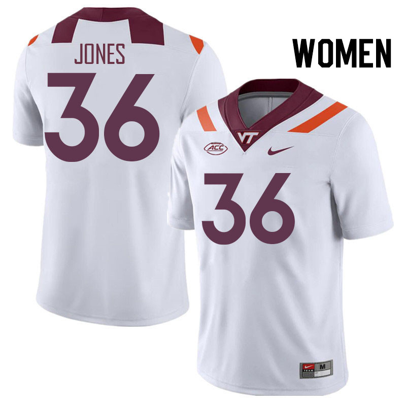Women #36 Brody Jones Virginia Tech Hokies College Football Jerseys Stitched Sale-White - Click Image to Close